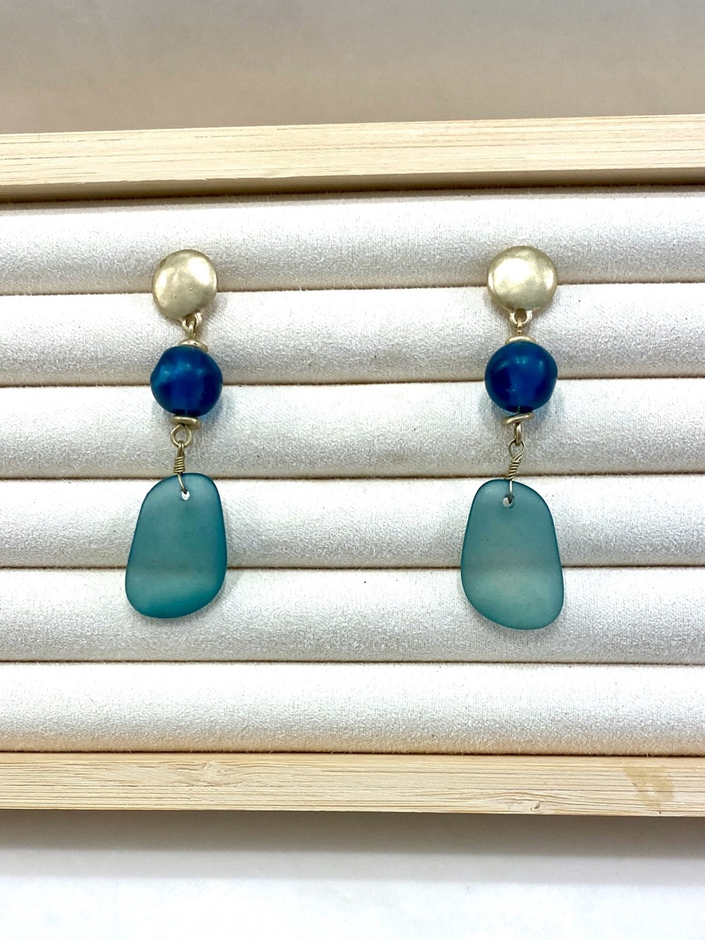 Gold-Top Blue Drop Earrings with Deep Blue Bead